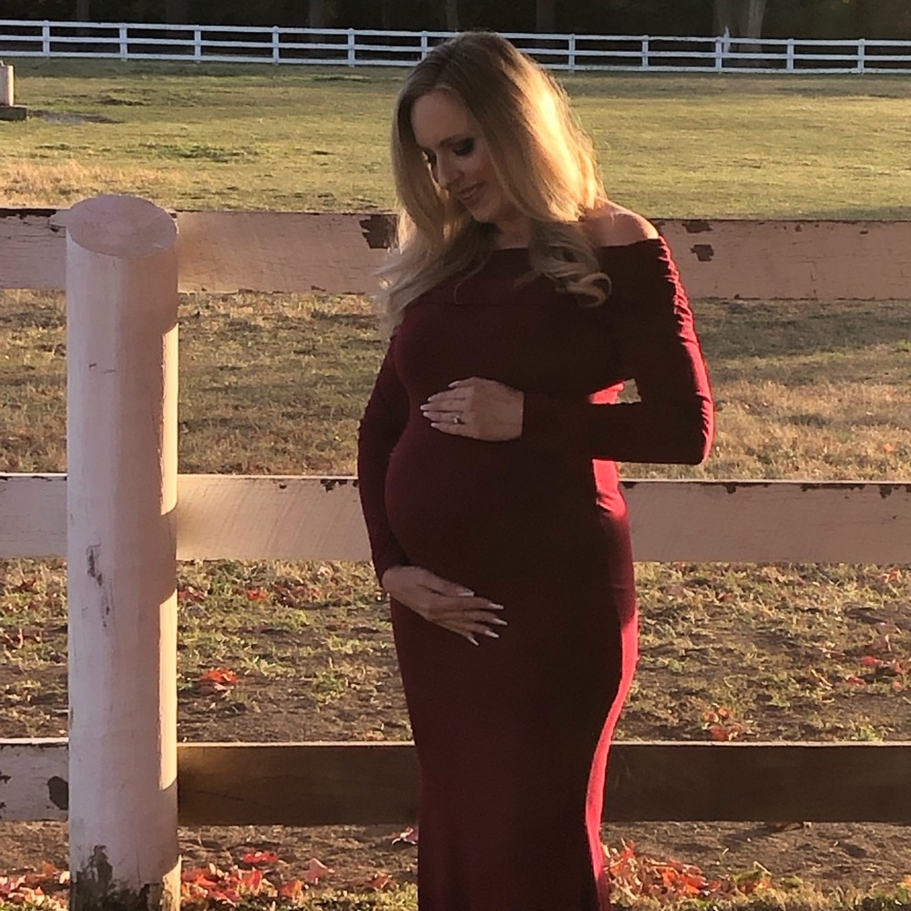 Glampunch Off Shoulder Maternity Dress Fall Photoshoot Mermaid Ruched Gown Sz S - Picture 10 of 11